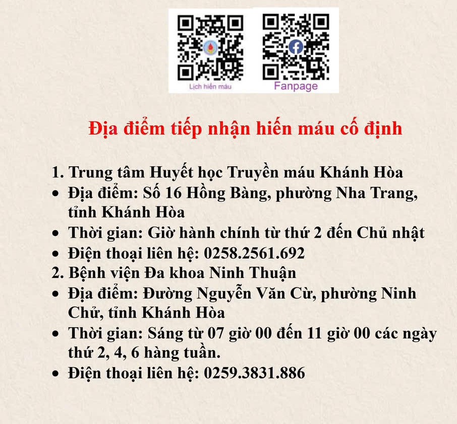 Địa điểm tiếp nhận máu cố định ở Khánh Hòa.