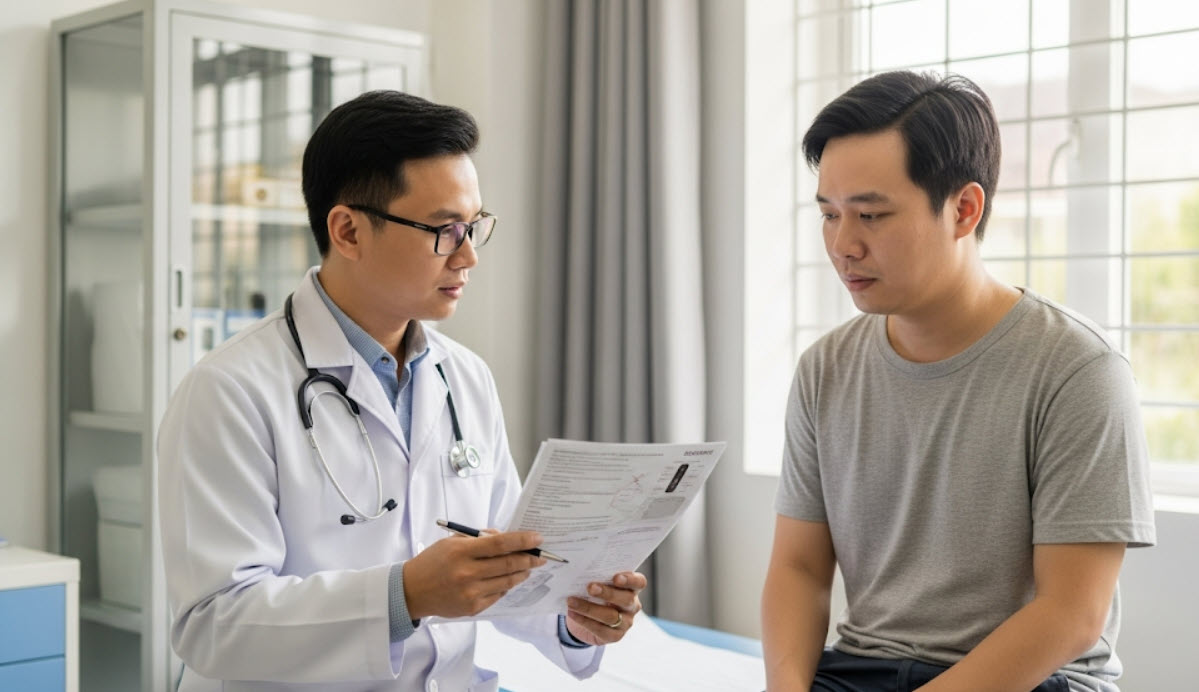 Bác sĩ nội tiết thăm khám bệnh nhân suy tuyến yên để đánh giá các biểu hiện thiếu hụt hormone.