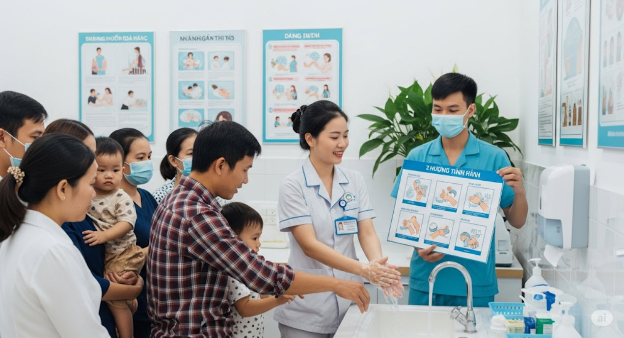 Nhân viên y tế hướng dẫn phụ huynh vệ sinh tay đúng cách để phòng tránh lây nhiễm EV71 cho trẻ nhỏ trong mùa dịch.