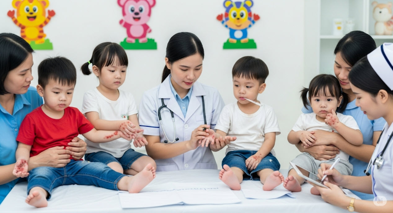 Trẻ em mắc tay – chân – miệng do EV71 đang được theo dõi sát tại khoa Nhi để phòng biến chứng thần kinh và suy hô hấp.