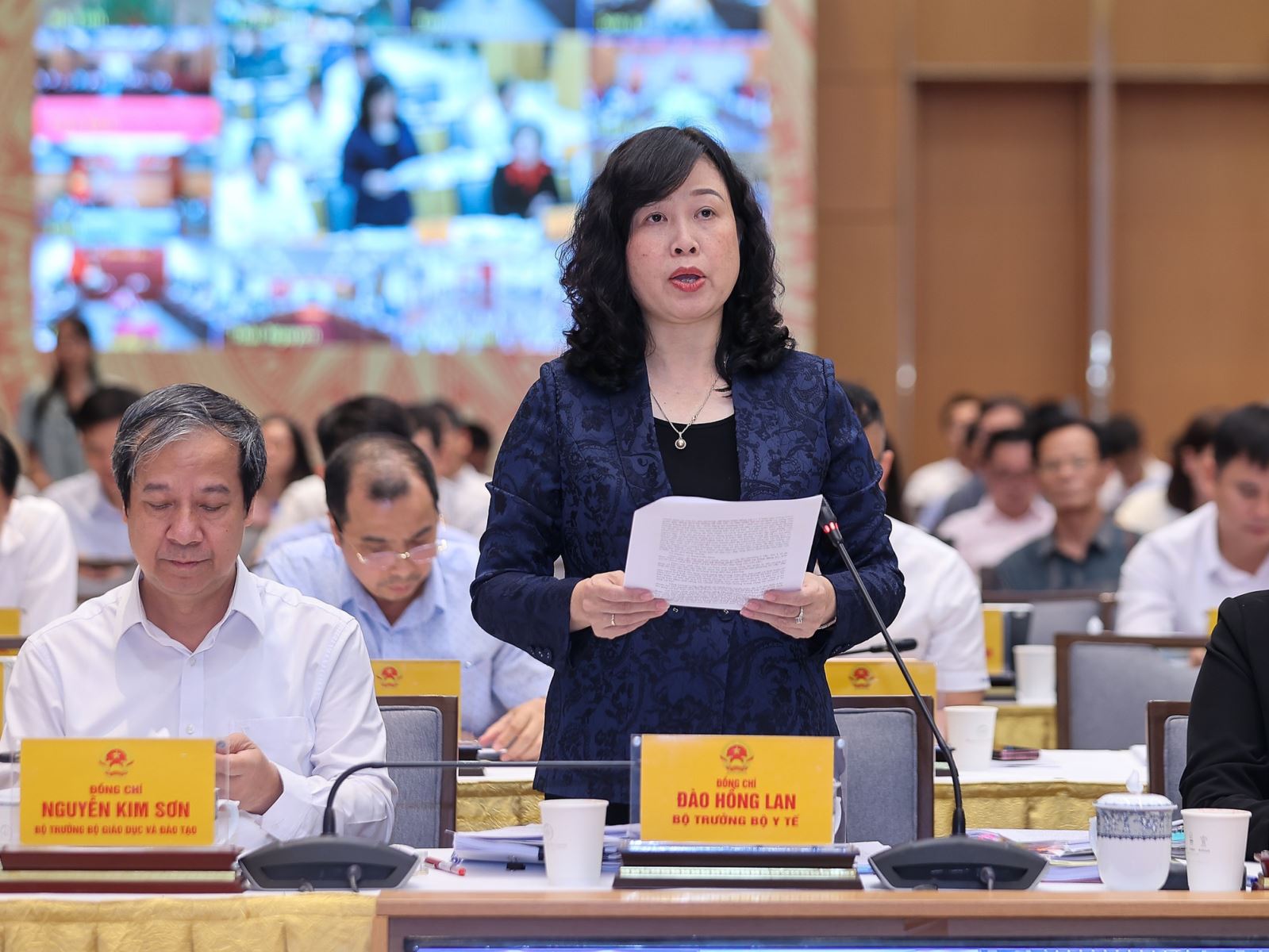 Bộ trưởng Bộ Y tế Đào Hồng Lan báo cáo Chính phủ tại Phiên họp lần thứ 4 của Ban chỉ đạo của Chính phủ về phát triển khoa học công nghệ, đổi mới sáng tạo, chuyển đổi số và Đề án 06