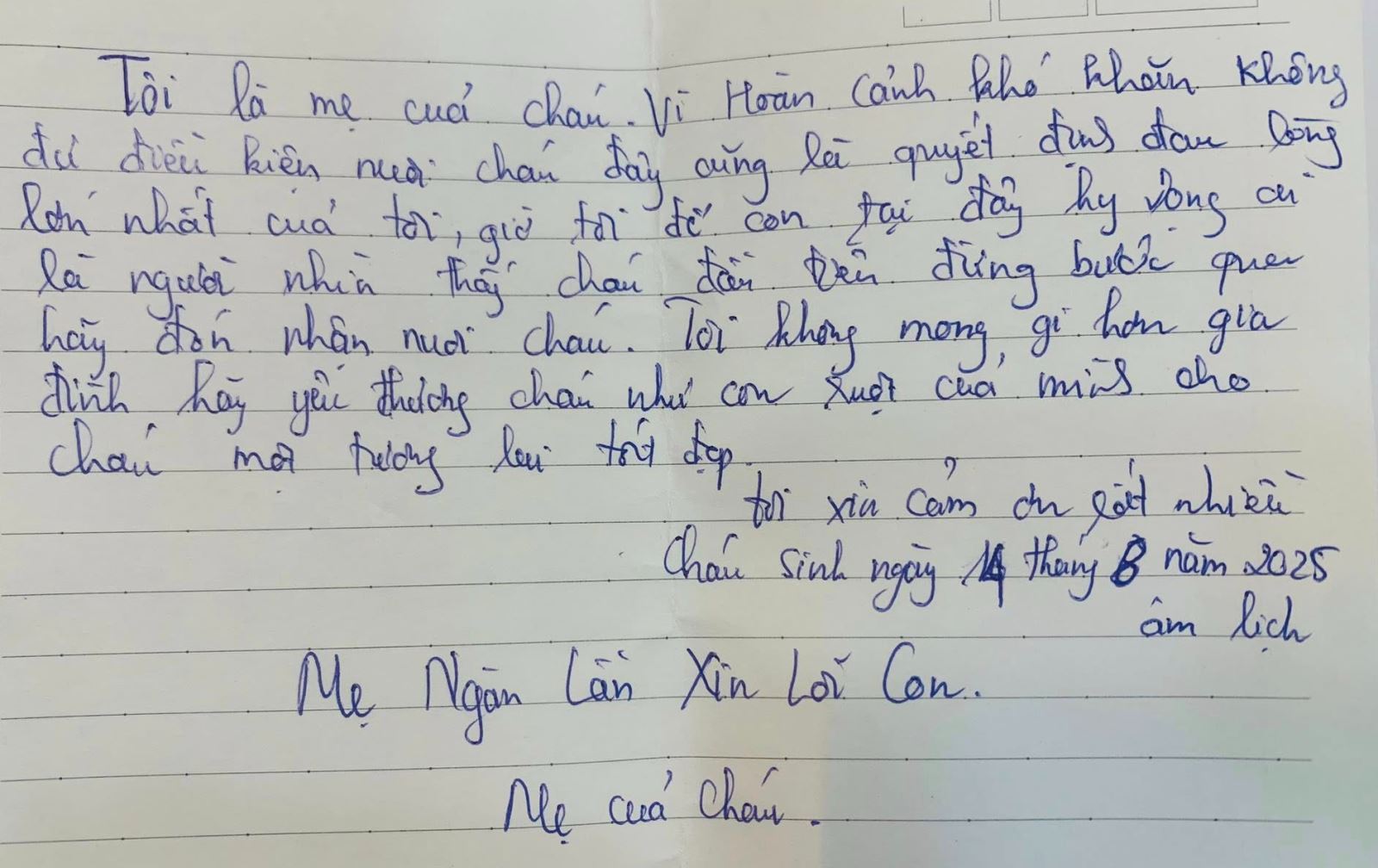Tờ giấy được cho là của mẹ đẻ bé trai sơ sinh