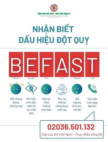 Mô tả những dấu hiệu nhận biết đột quỵ. Ảnh: BV Việt Nam Thụy Điển - Uông Bí