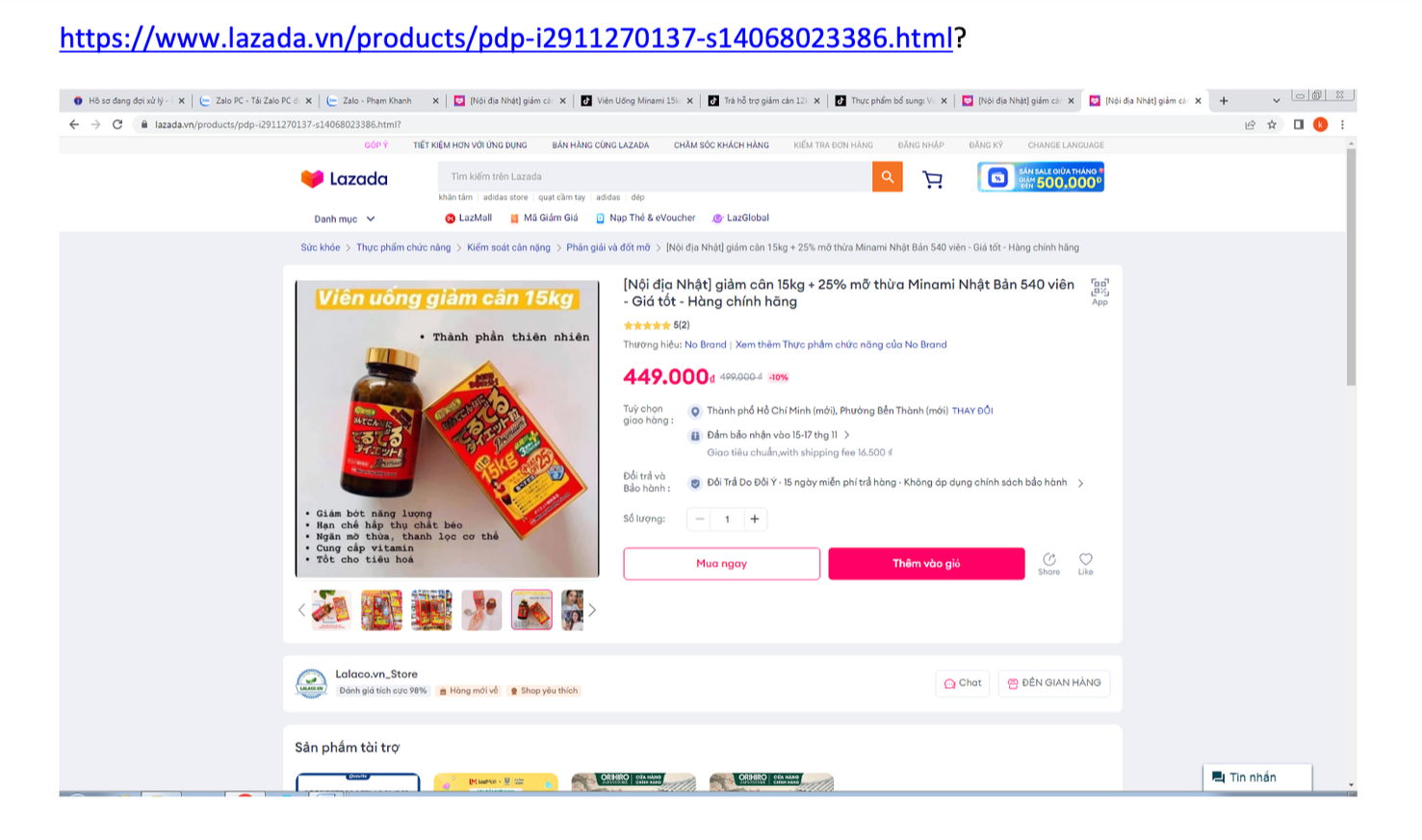 Hình ảnh quảng cáo sản phẩm viên uống giảm cân 15kg trên Lazada. Ảnh Cục An toàn thực phẩm cung cấp