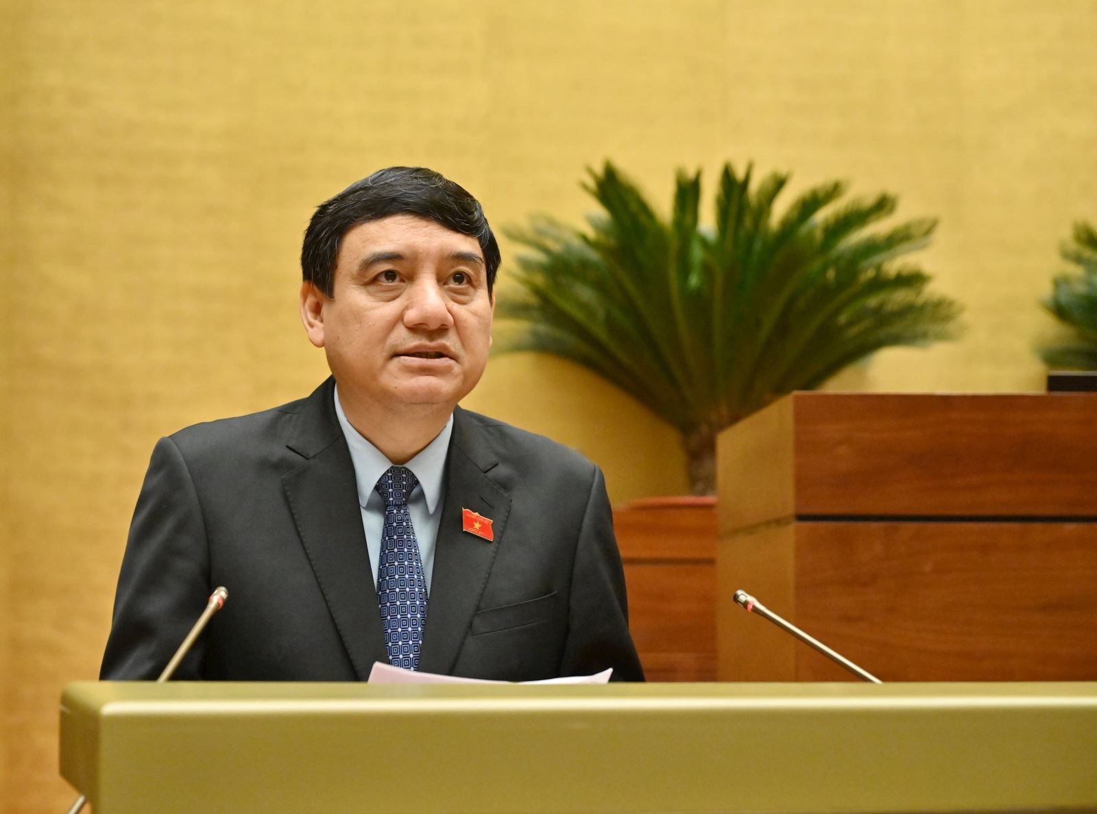 Chủ nhiệm Ủy ban Văn hoá và Xã hội Nguyễn Đắc Vinh trình bày báo cáo thẩm tra dự thảo Nghị quyết.