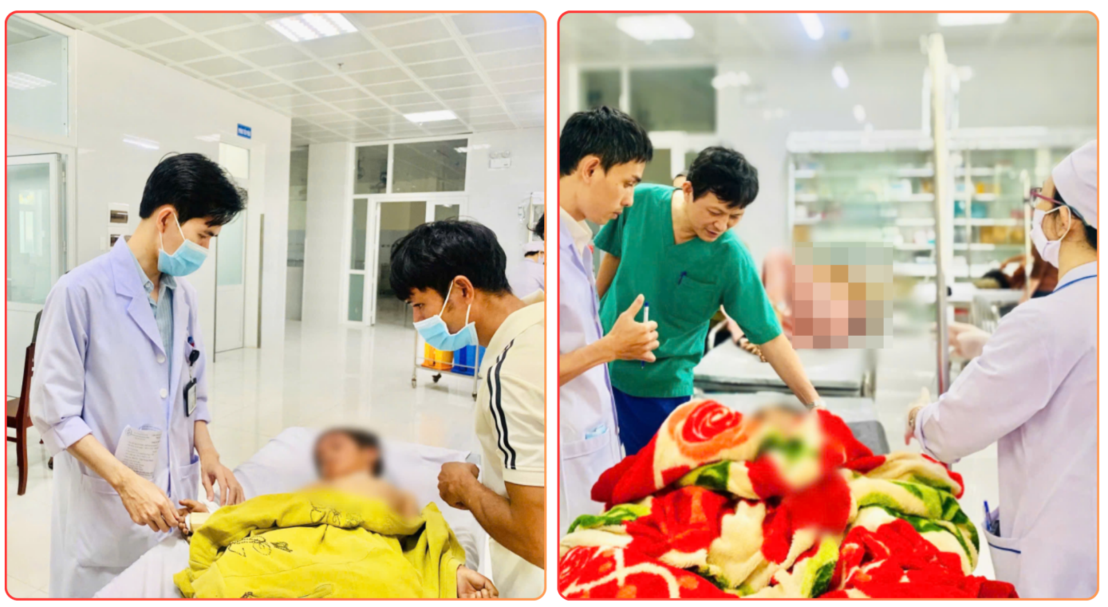 Các bác sĩ khẩn trương thăm khám, chăm sóc ban đầu cho bệnh nhi bị thương trong vụ lật ngã xe.