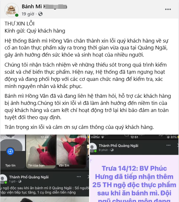 Bài đăng xin lỗi khách hàng của cơ sở Bánh mì H.V