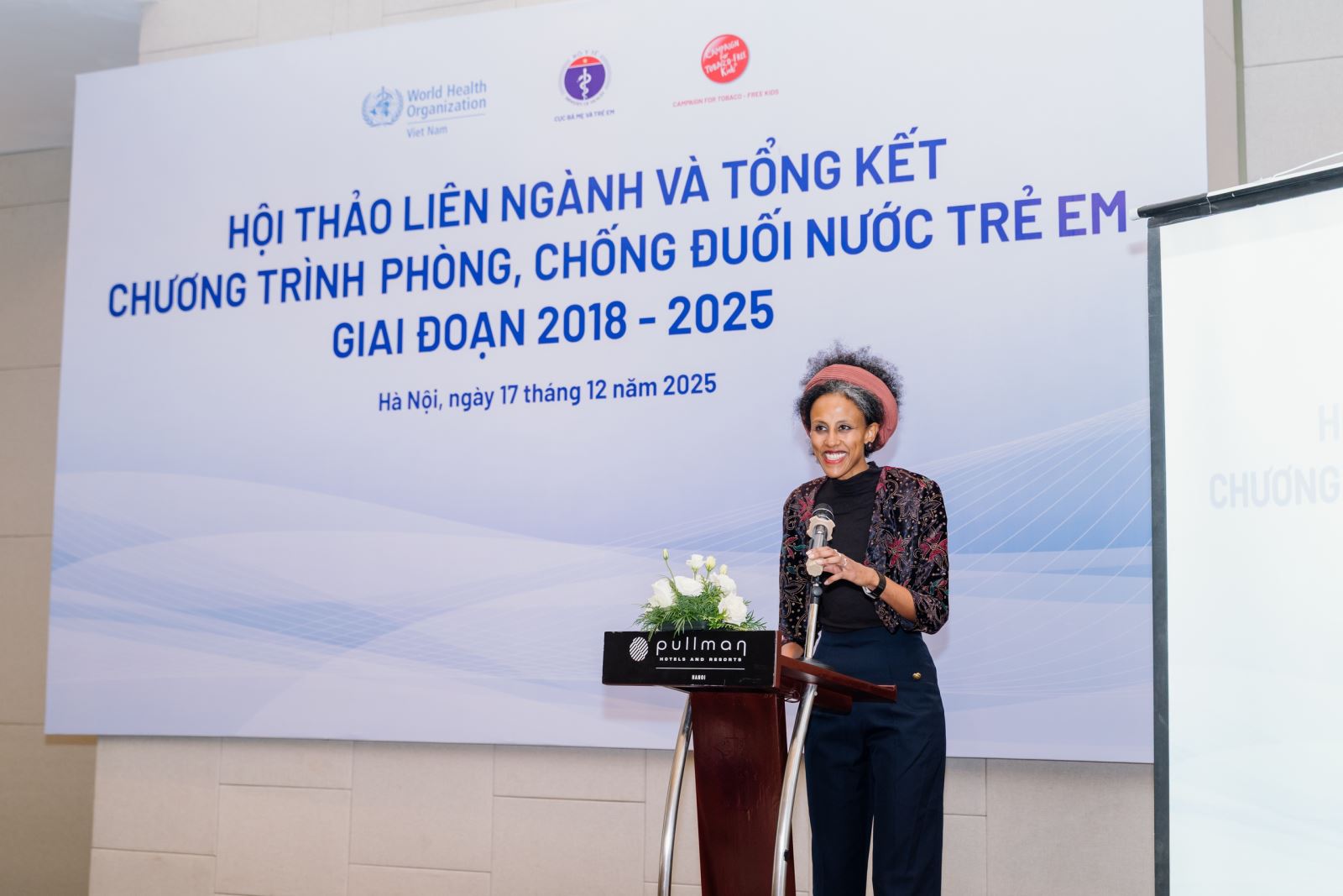 Bà Meheret Melles-Brewer đại diện WHO tại Việt Nam nhấn mạnh nguy cơ đuối nước tăng lên do nhiệt độ gia tăng, các hiện tượng thời tiết cực đoan xảy ra thường xuyên hơn.