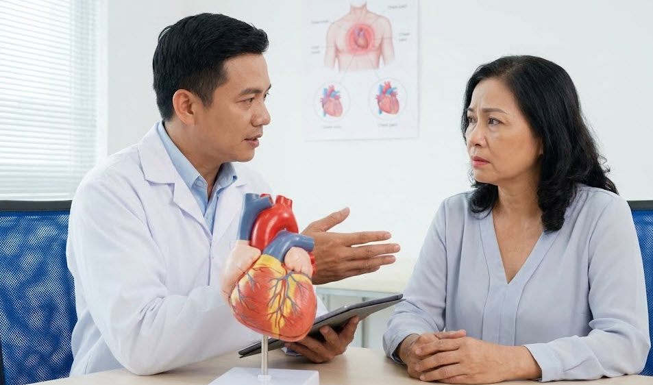 Bác sĩ tim mạch tư vấn bệnh nhân về dấu hiệu sớm của nhồi máu cơ tim – nhấn mạnh tầm quan trọng nhận biết triệu chứng.